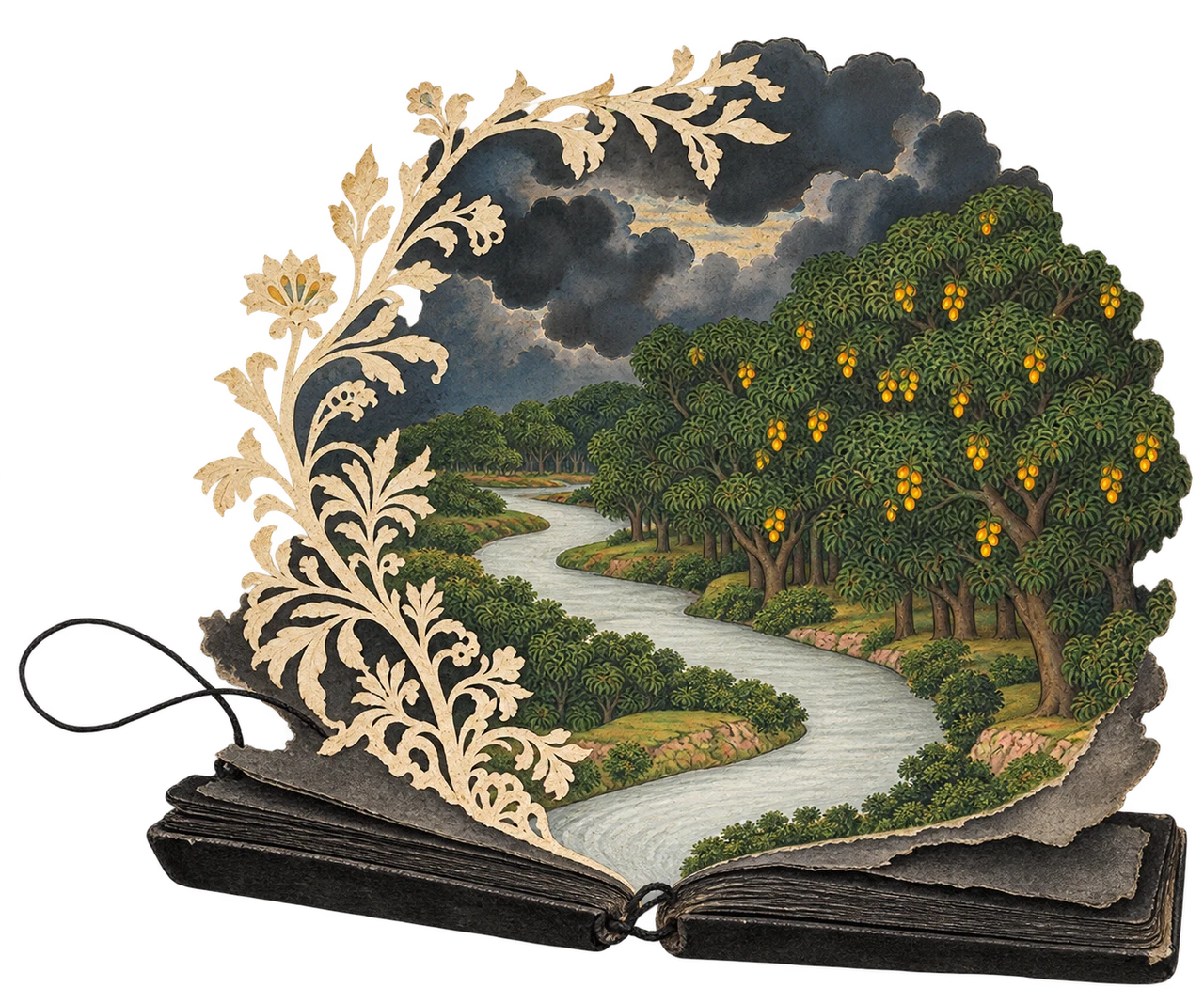 A collage: an open palm-leaf book from which a river, a grove of mango trees and a stormy sky rise, framed by a cut-paper vine.