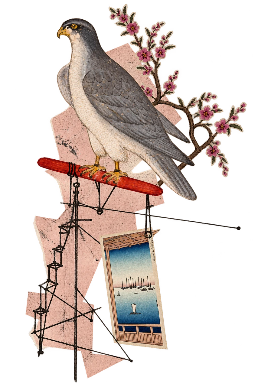 A collage: a falcon on a red perch above a rigging of lines and a Hiroshige harbour.