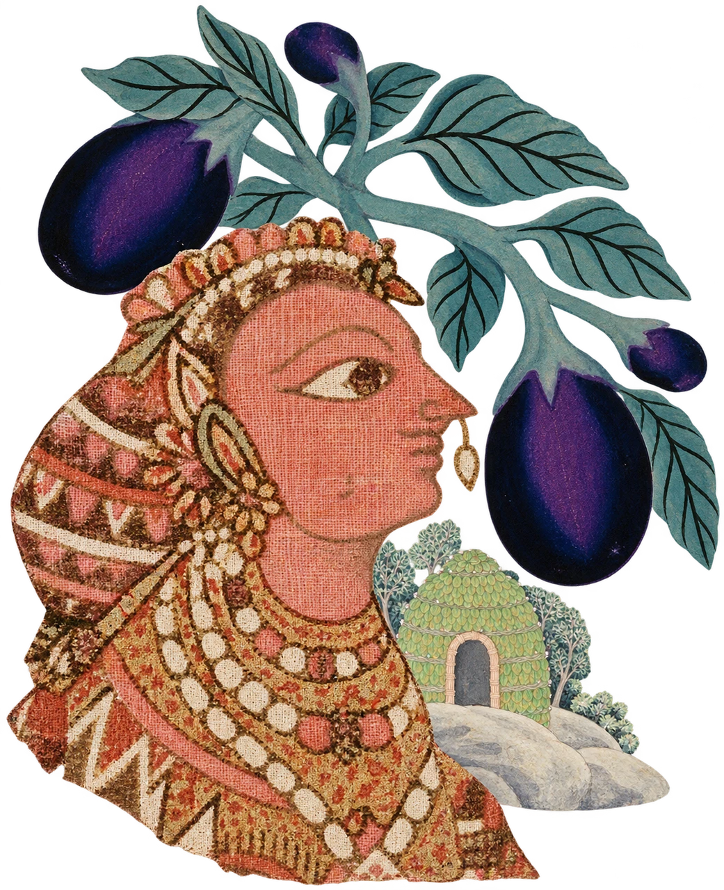 A collage: a woman’s profile printed on red chintz, with giant aubergines and a small leaf hut.