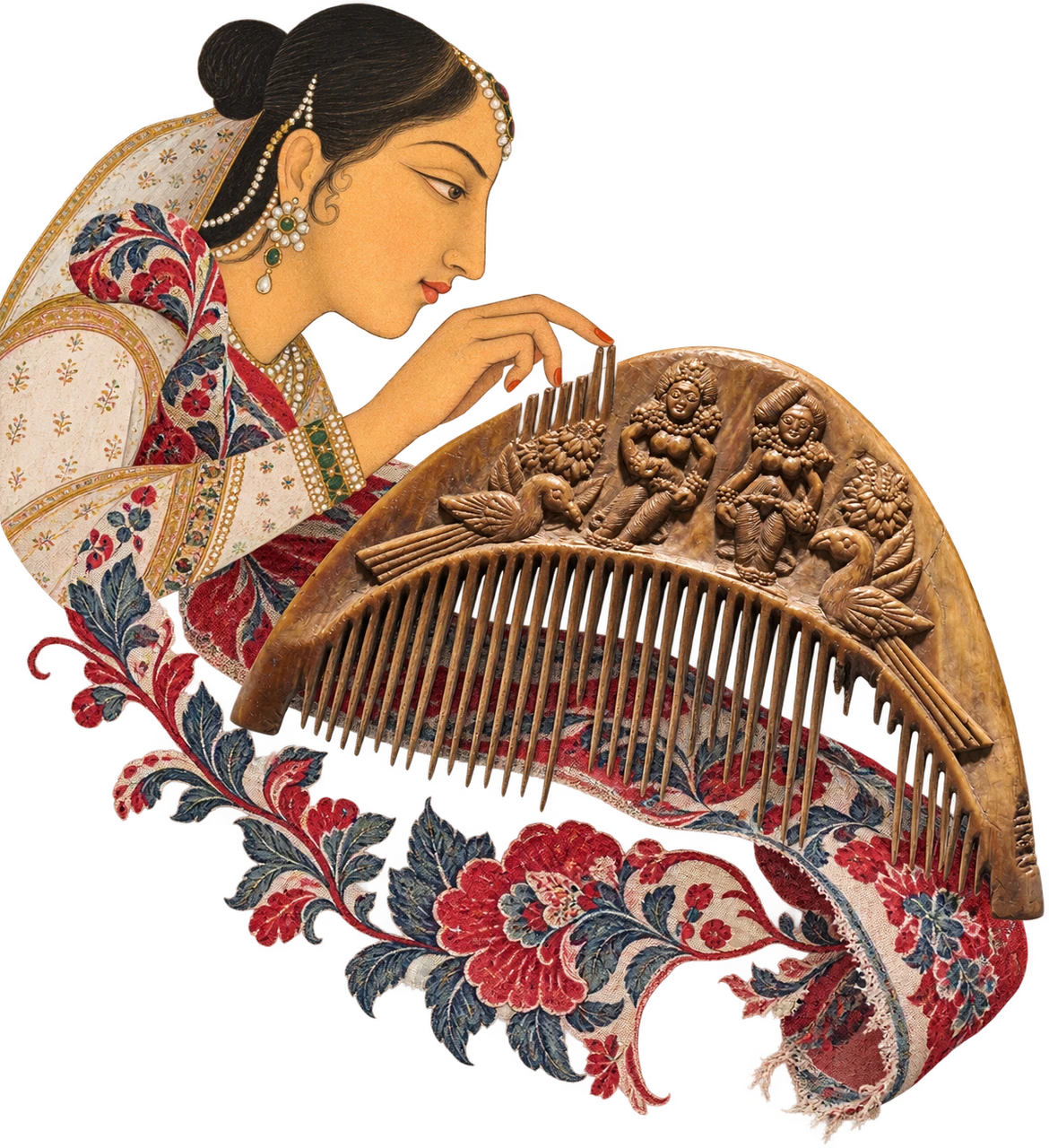 A collage: a woman in a printed shawl runs her fingers along a carved comb.