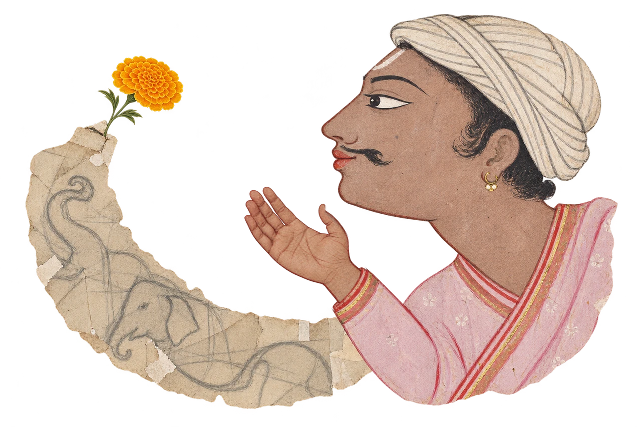 A turbaned man holds out his palms towards a marigold.