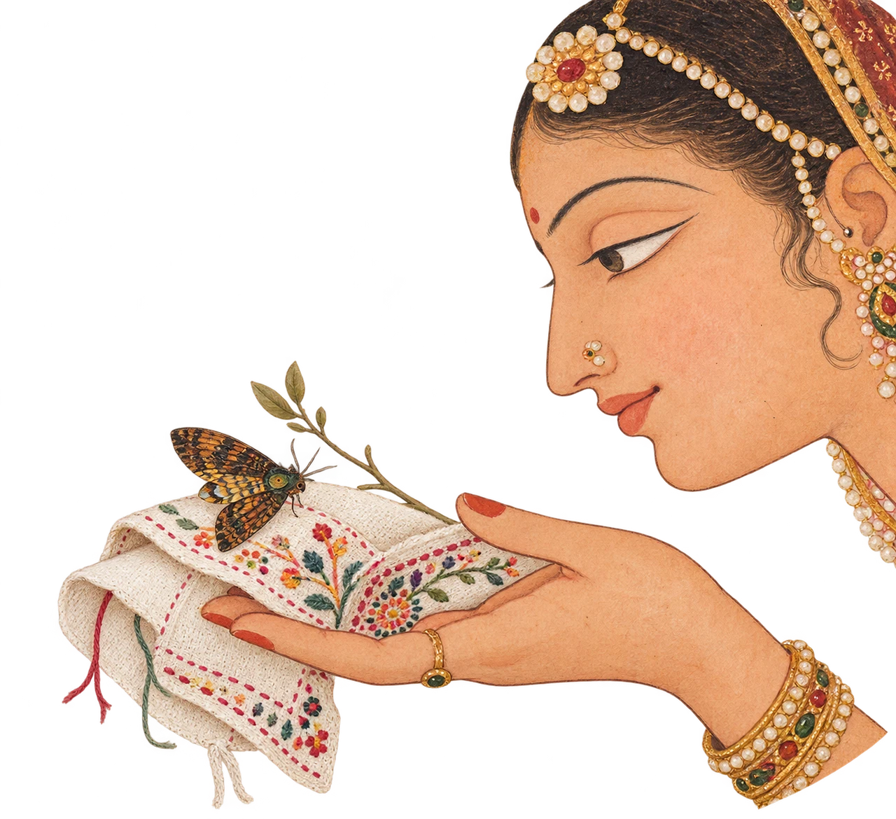 A collage: a woman offers a moth on an embroidered cloth.