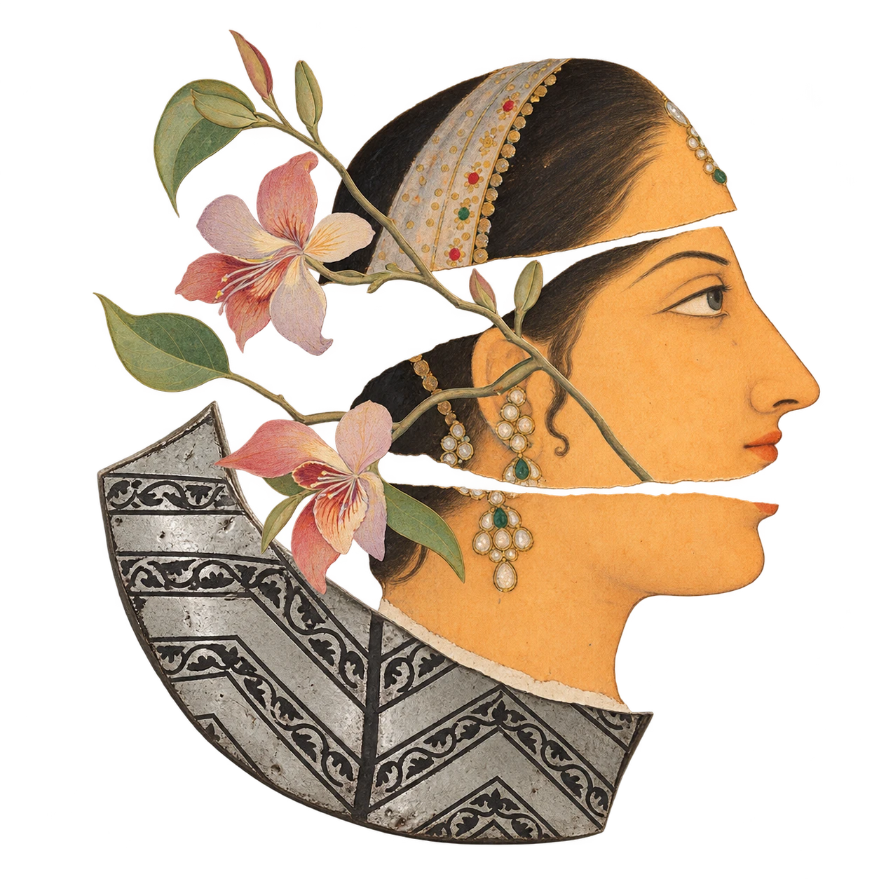 A collage: a Mughal woman's profile cut into three bands, with flowering branches and bidri chevrons.