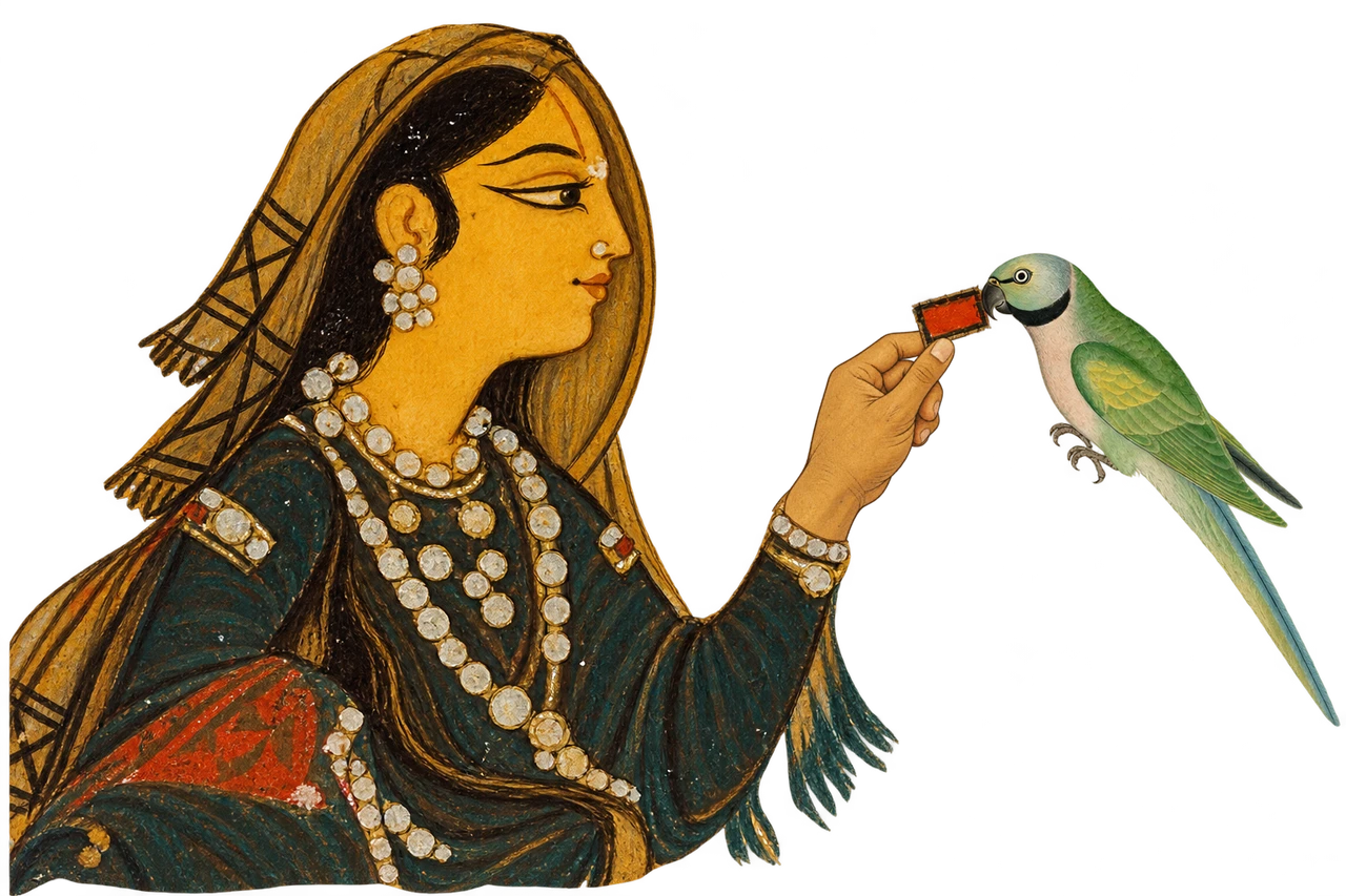 A painted woman offers a folded note to a parrot.