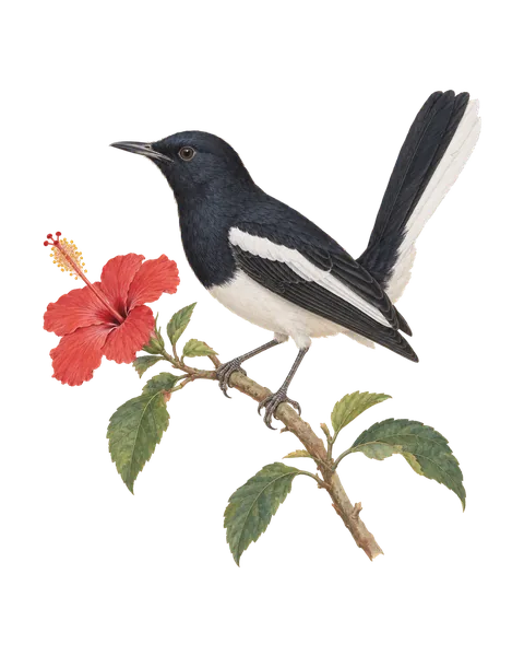 Oriental Magpie-Robin on a hibiscus branch, after the Company School.